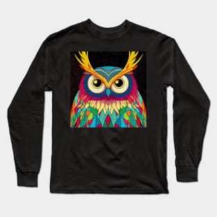 Colorful Owl Portrait Illustration - Bright Vibrant Colors Bohemian Style Feathers Psychedelic Bird Animal Rainbow Colored Art Long Sleeve T-Shirt